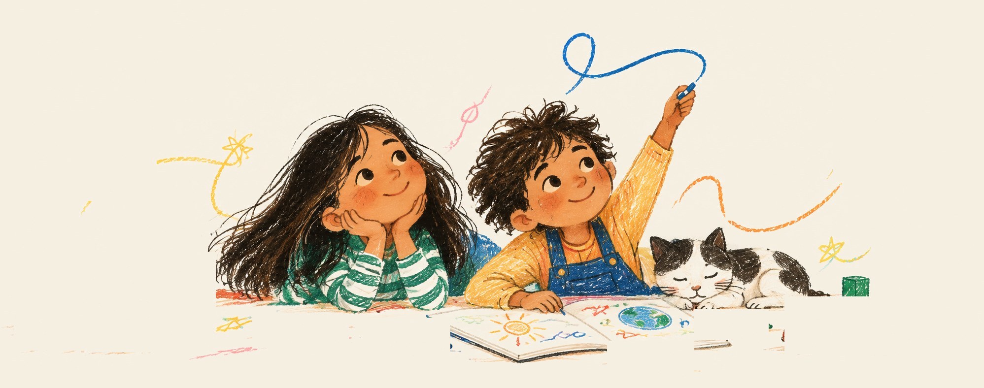 Two children drawing together on the floor, surrounded by books, crayons and toys