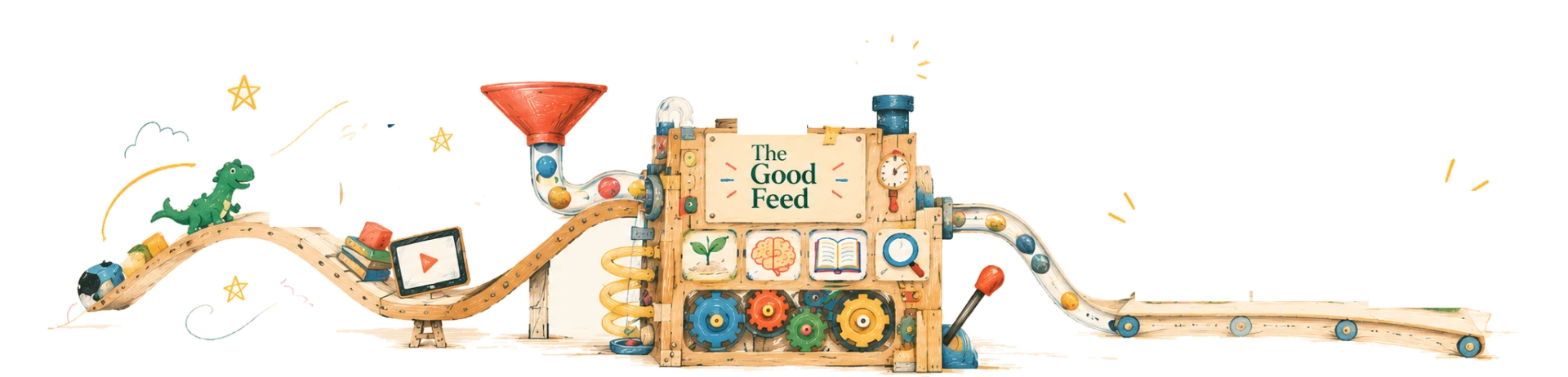 A child's toys and viewing habits travel up a ramp into The Good Feed machine, which sends personalised story feeds out along a belt
